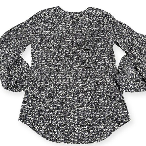 CABI Women’s Navy White Te Amo Love Script Bishop Sleeve Blouse Size Small Style - Picture 4 of 7